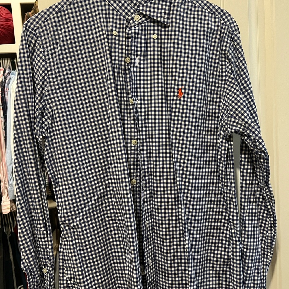 Ralph Lauren Navy and White Gingham Plaid Button Down Shirt, Men’s Medium
